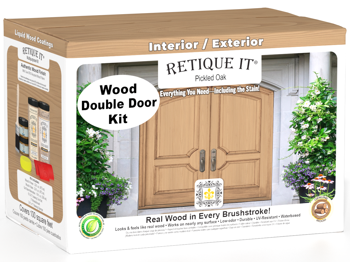 Double front door stained with Pickled Oak wood finish by Retique It® Wood'n Finish kit, showcasing the finished door.