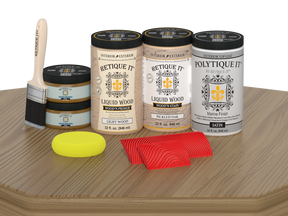 Large Pickled Oak Wood'n Finish Kit by Retique It® with satin top coat, including brushes and wood treatment tools.