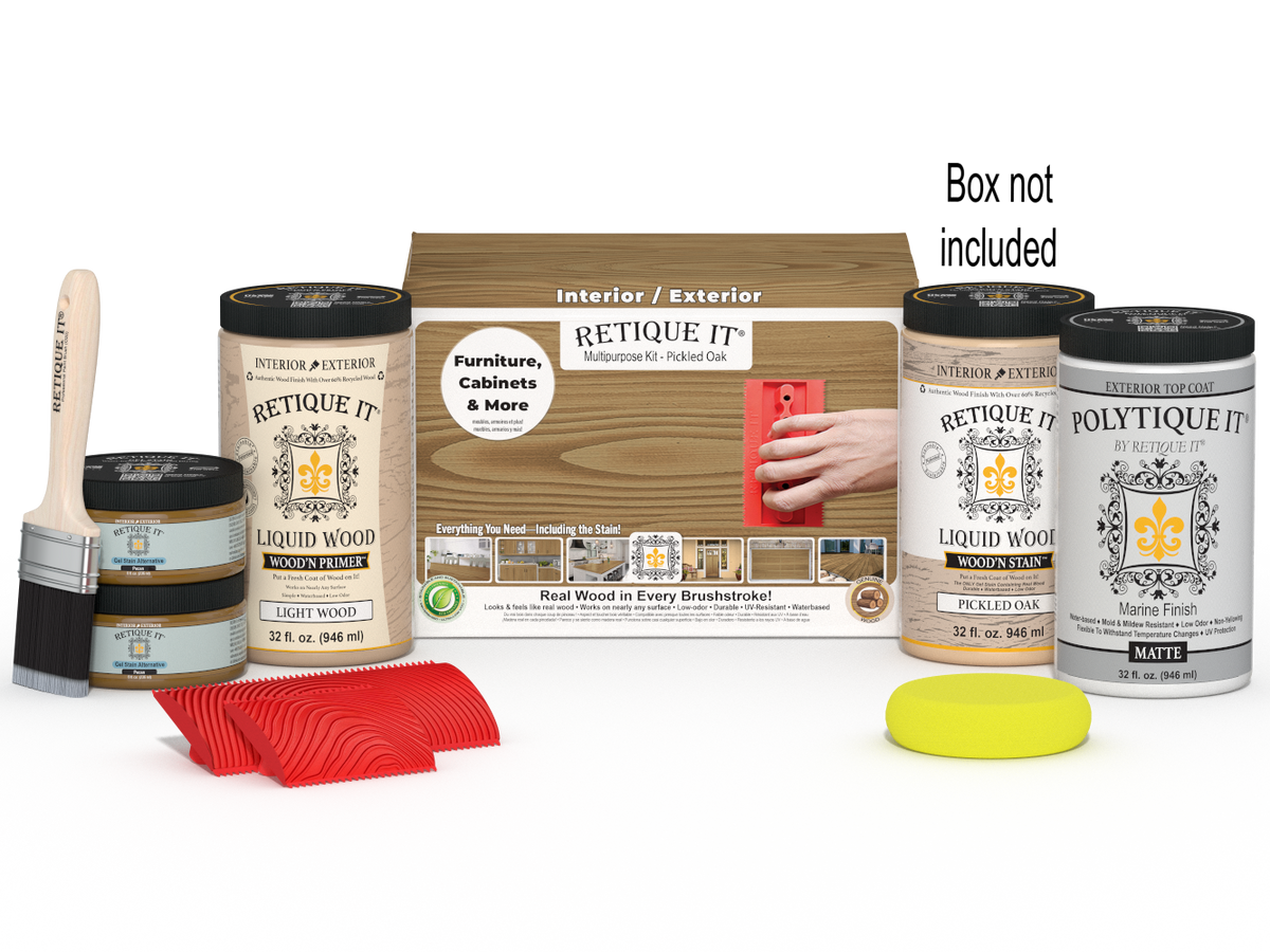 Large Multi-purpose Wood'n Kit by Retique It in Pickled Oak, includes exterior top coat for wood finishing projects.