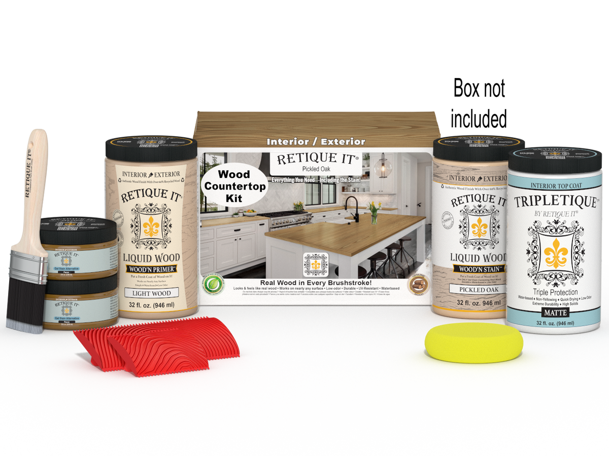 Retique It® Pickled Oak countertop kit featuring stains and finishing materials for full kitchen countertop remodeling.