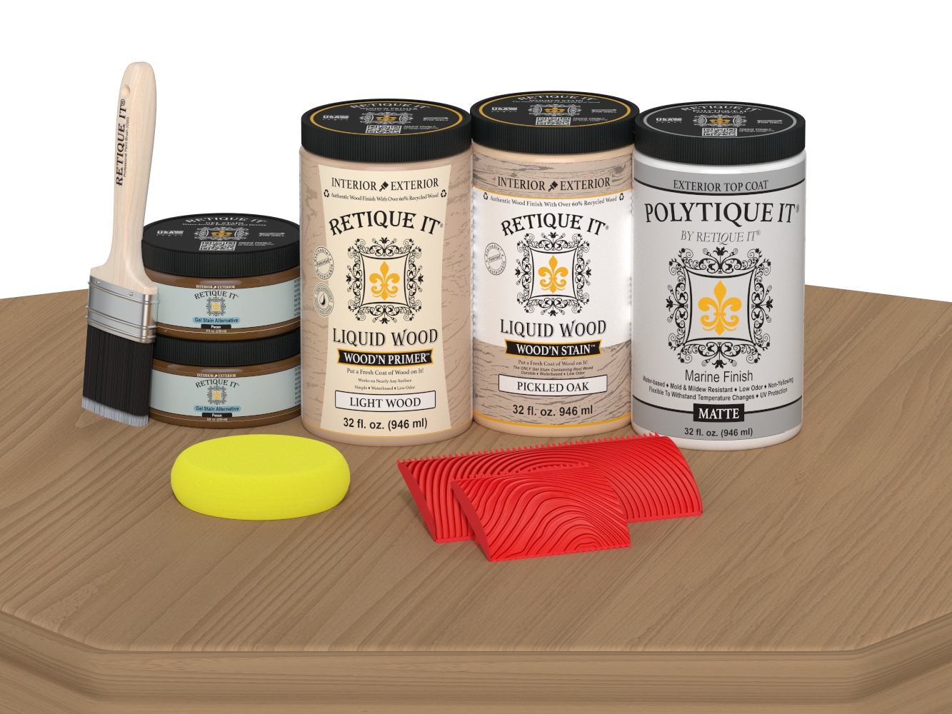 Retique It Wood'n Finish front door kit in pickled oak stain, matte finish, featuring double door design on a table display.