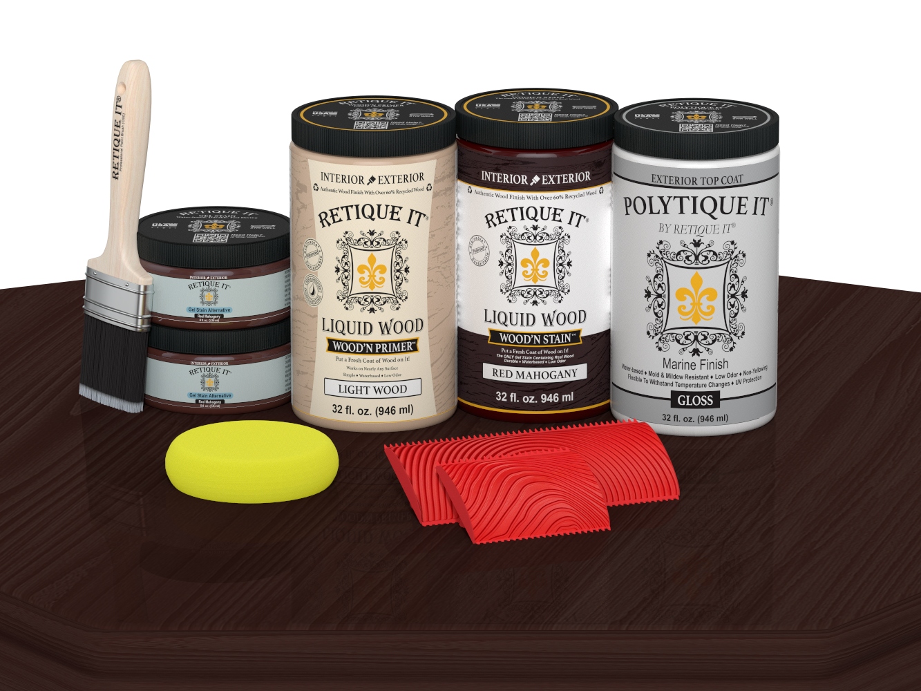 Retique It® Wood'n Finish front door kit in Red Mahogany stain with glossy finish, displayed on a table.