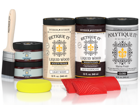 Large Red Mahogany Wood'n Finish Kit by Retique It® with exterior top coat, includes wood stain and finishing supplies.