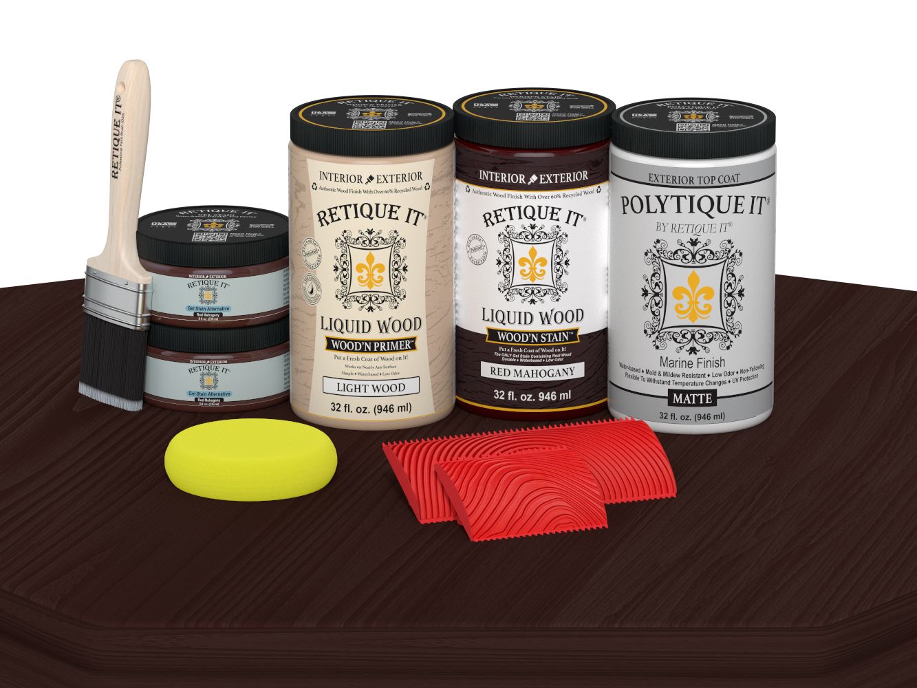 Retique It® Wood'n Finish front door kit in Red Mahogany stain, featuring a double door with matte finish on a table.