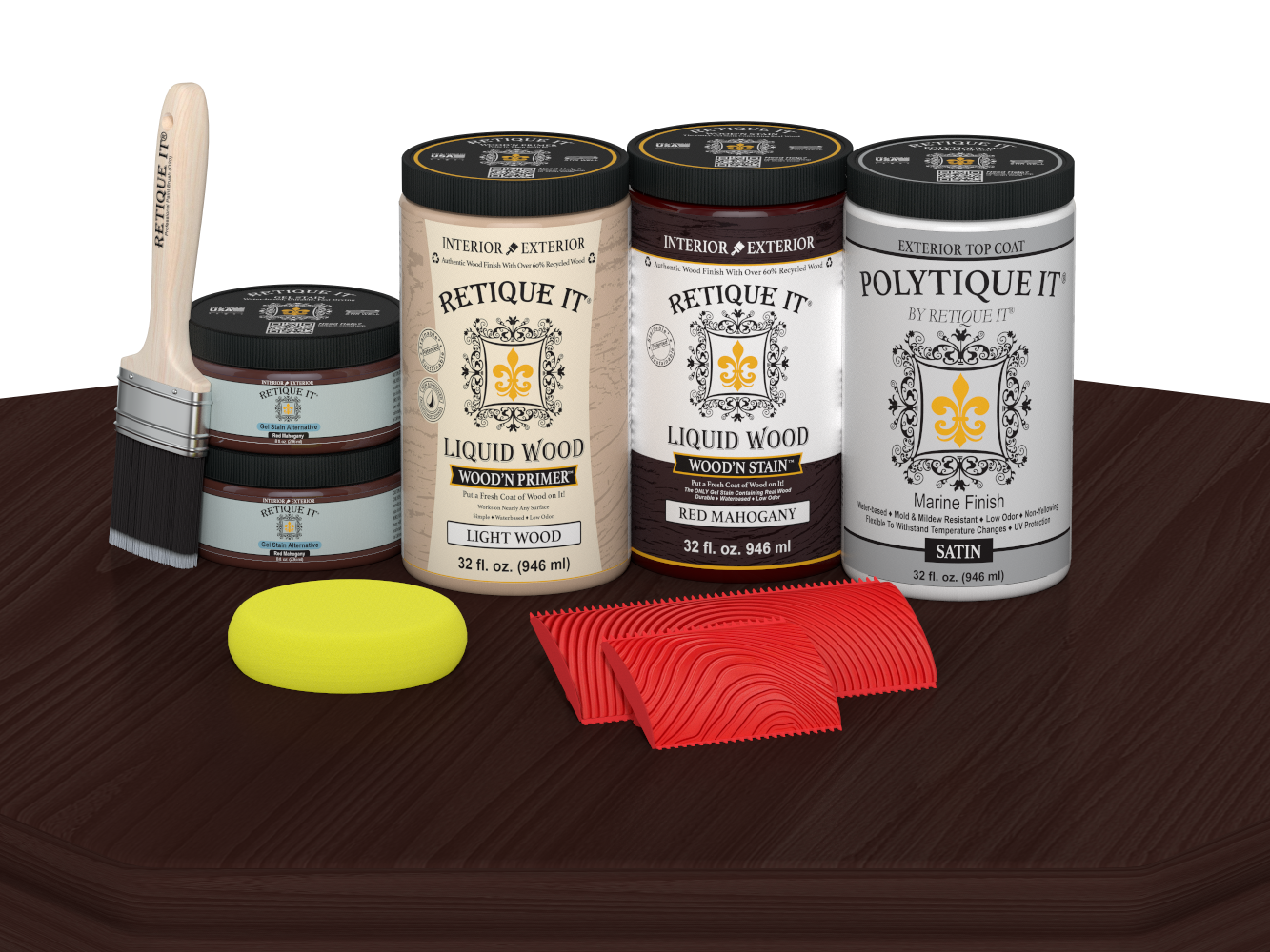 Retique It® Wood'n Finish Front Door Kit in Red Mahogany stain, showing a double door with satin finish and detailed wood grain.