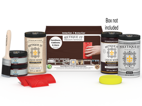Large Red Mahogany Wood'n Finish Kit by Retique It® for exterior top coating, includes tools and product in box.