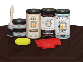 Retique It® red mahogany countertop kit stain applied on a kitchen table with a glossy finish, highlighting the rich wood color.