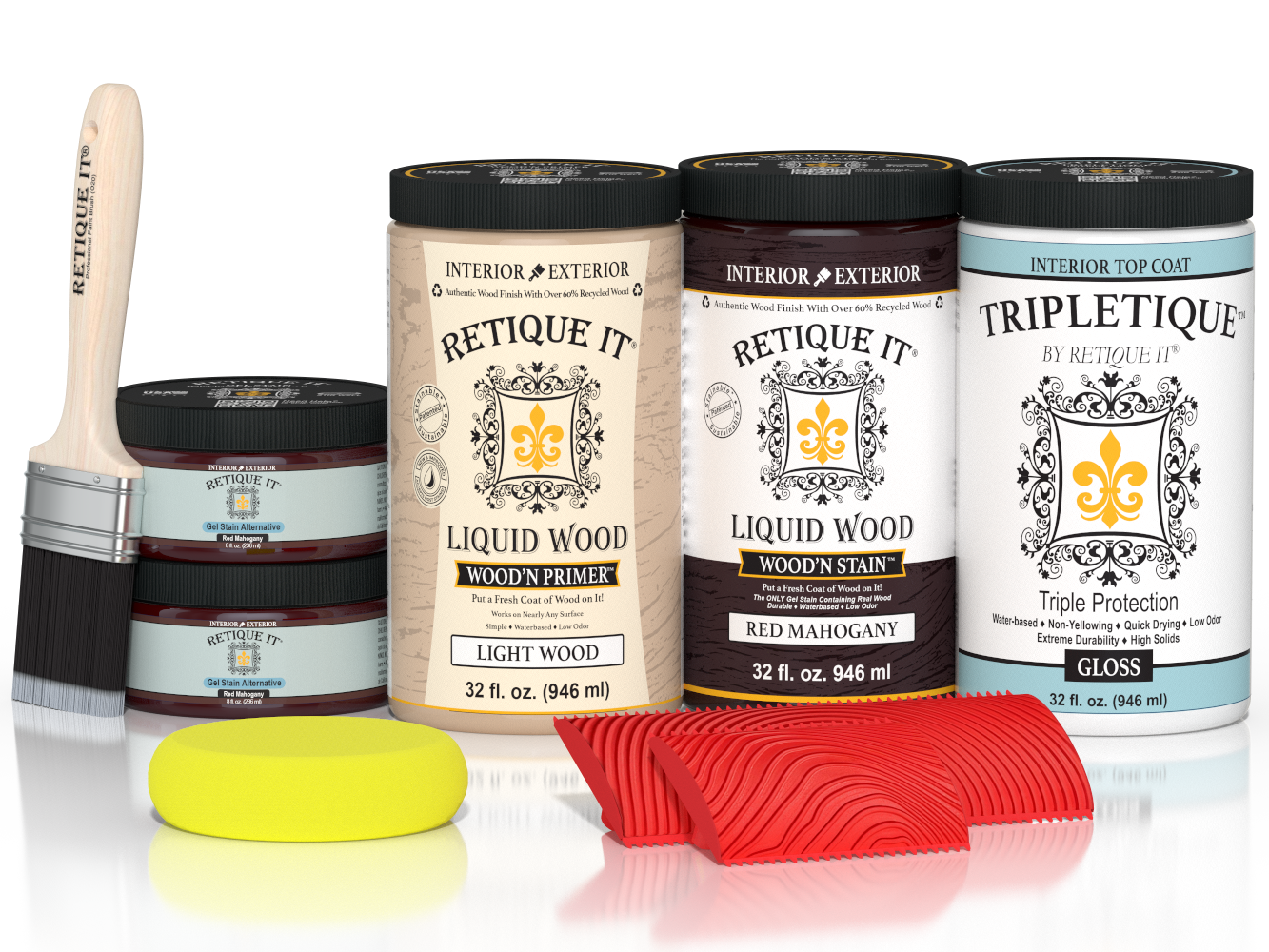 Large Red Mahogany Wood'n Finish Kit by Retique It® with interior top coat, includes wood finish tools and gloss top coat for wood projects.