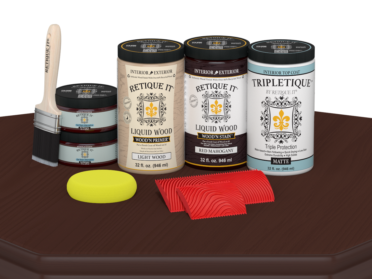 Retique It® red mahogany countertop kit for full kitchen, featuring stain application on a matte finish countertop.