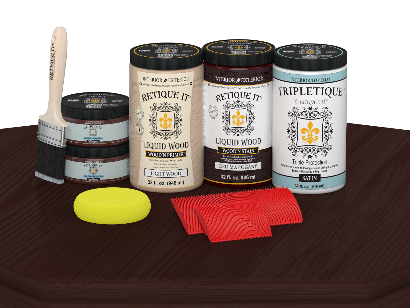 Retique It® Wood'n Finish Kit with four large red mahogany stain bottles, satin finish, displayed on a table.