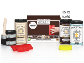 Large Red Mahogany Wood'n Finish Kit by Retique It® with interior top coat and wood finish supplies in a box.