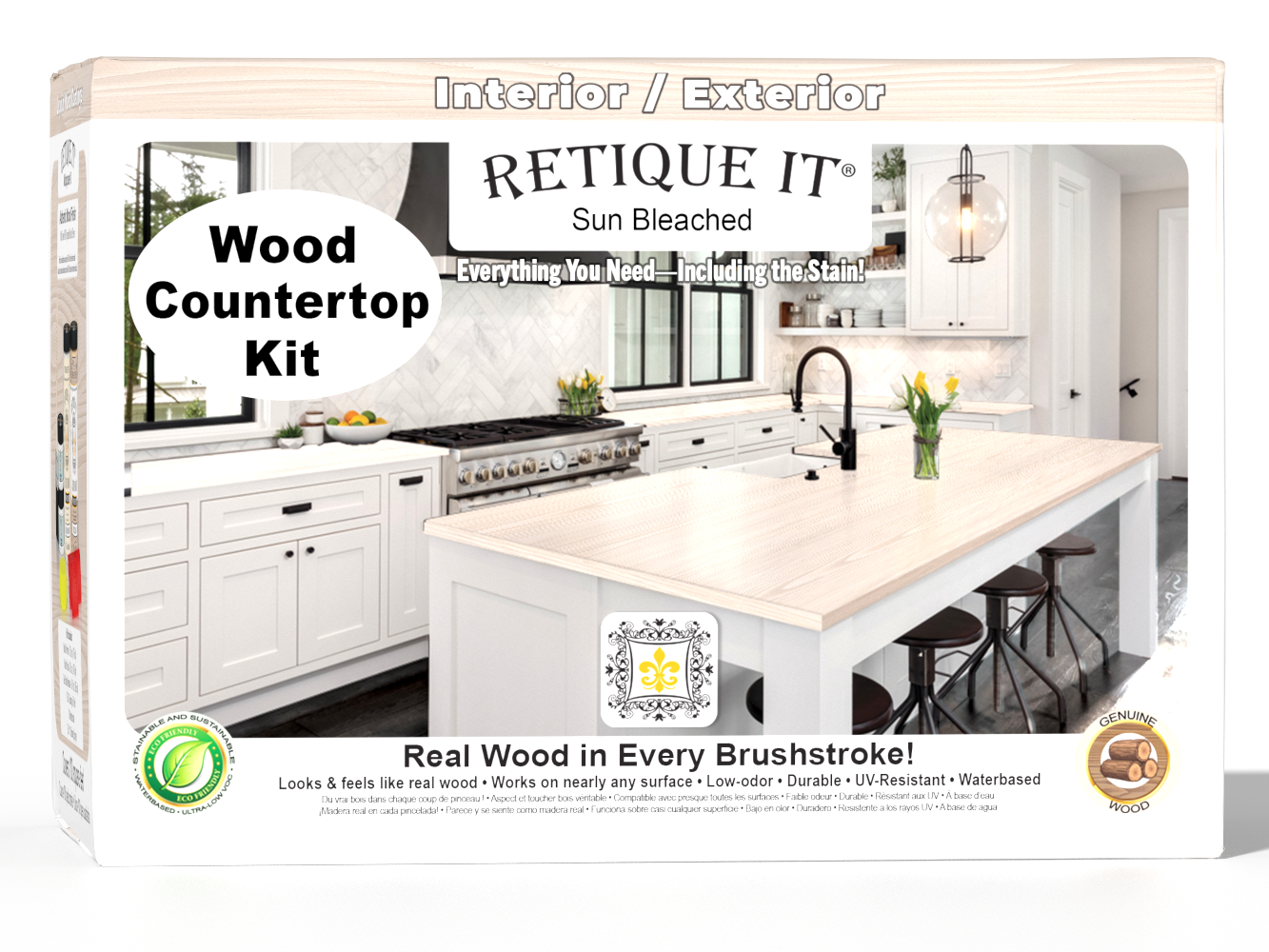 Retique It® Sun Bleached wood countertop kit with full kitchen countertop finishing tools and materials, displayed in a box.