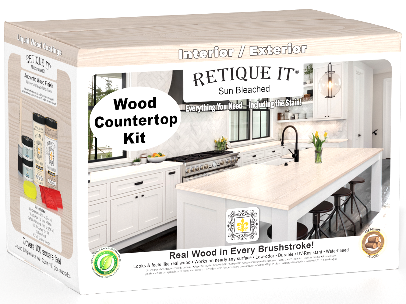 Sun-bleached wood countertop kit by Retique It® for full kitchen upgrades, featuring wood finish and natural finish details.