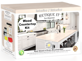 Sun-bleached wood countertop kit by Retique It® for full kitchen upgrades, featuring wood finish and natural finish details.