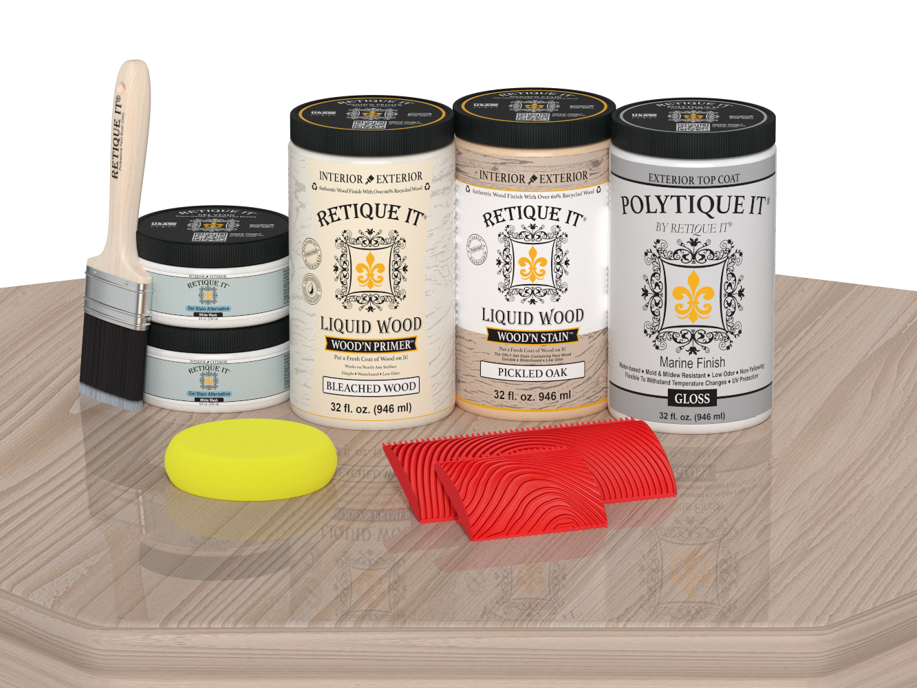 Large Sun Bleached Wood'n Finish Kit by Retique It® with gloss exterior top coat, displayed on a table for multi-purpose wood finishing.