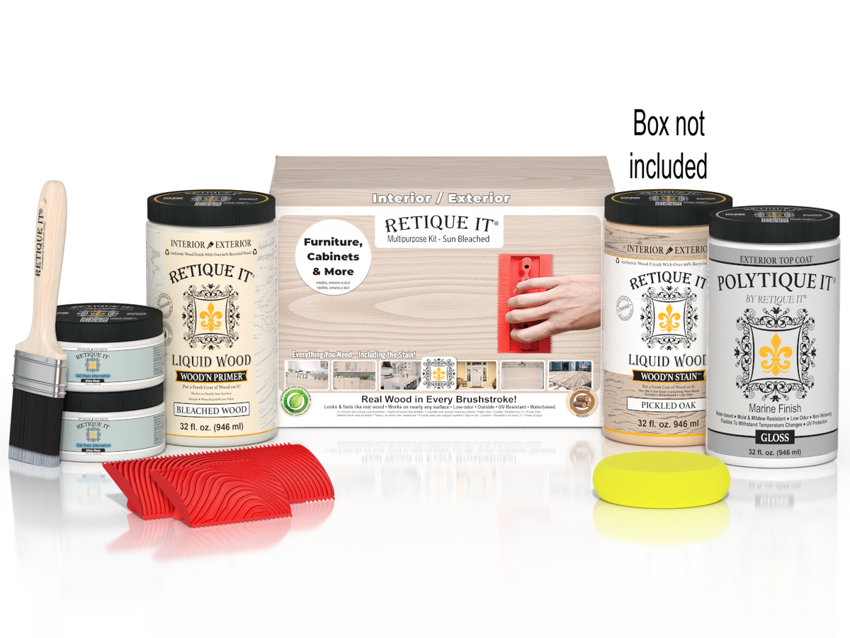 Retique It Wood'n Finish Kit in light wood tone with a box and applicator, designed for furniture and wood finishing projects.