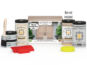Retique It® Wood'n Finish Front Door Kit for double doors in sun bleached wood finish, includes tools and materials in packaging.