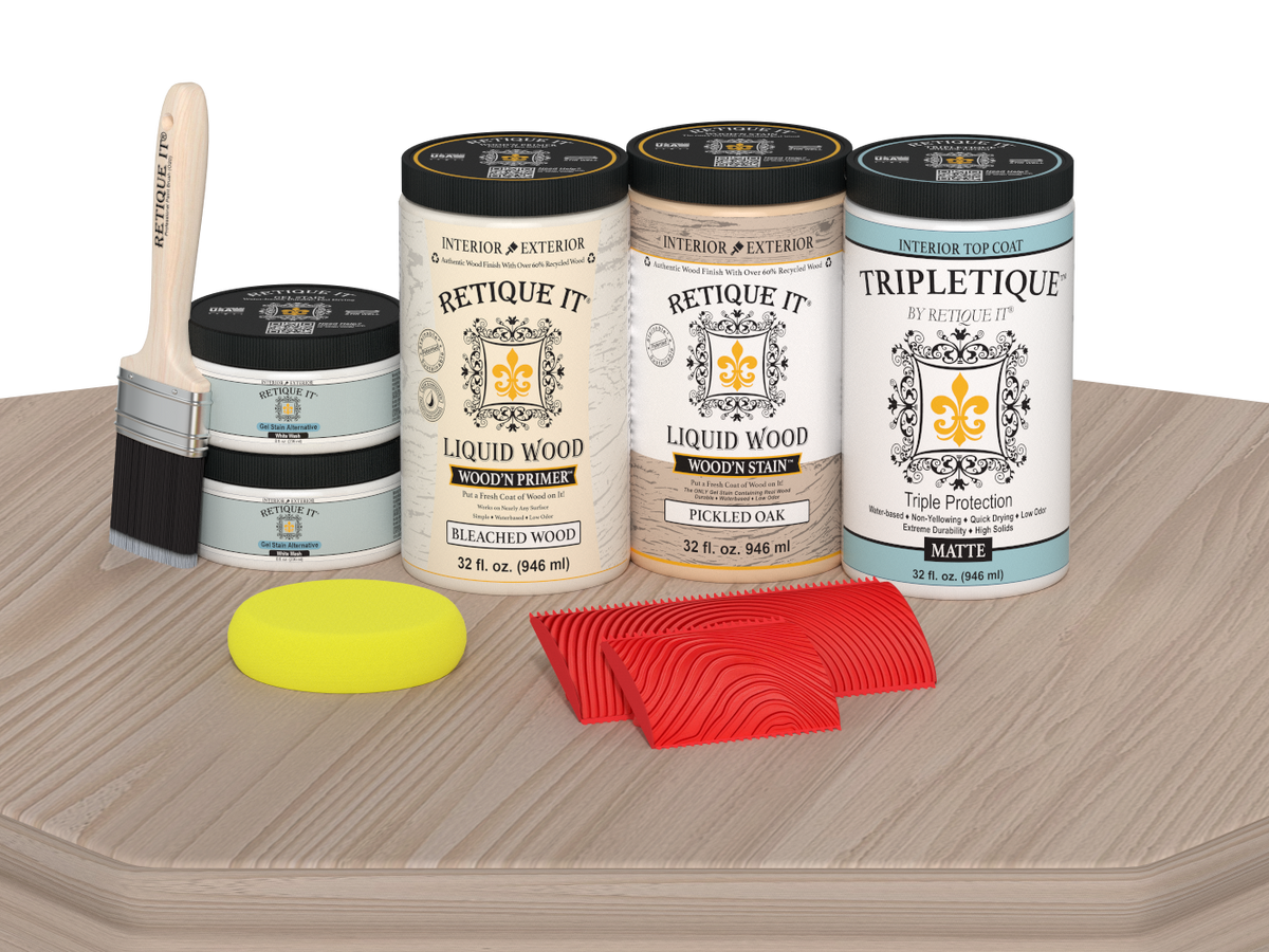 Large Sun Bleached Wood'n Kit by Retique It® for interior top coat, showing matte finish on wood surface.