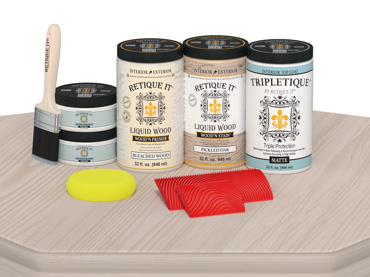 Retique It® Wood'n Finish Kit for full kitchen countertops in Sun Bleached, with matte wood finish and application tools visible.