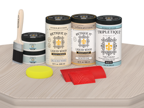 Retique It® Wood'n Finish Kit for full kitchen countertops in Sun Bleached, with matte wood finish and application tools visible.