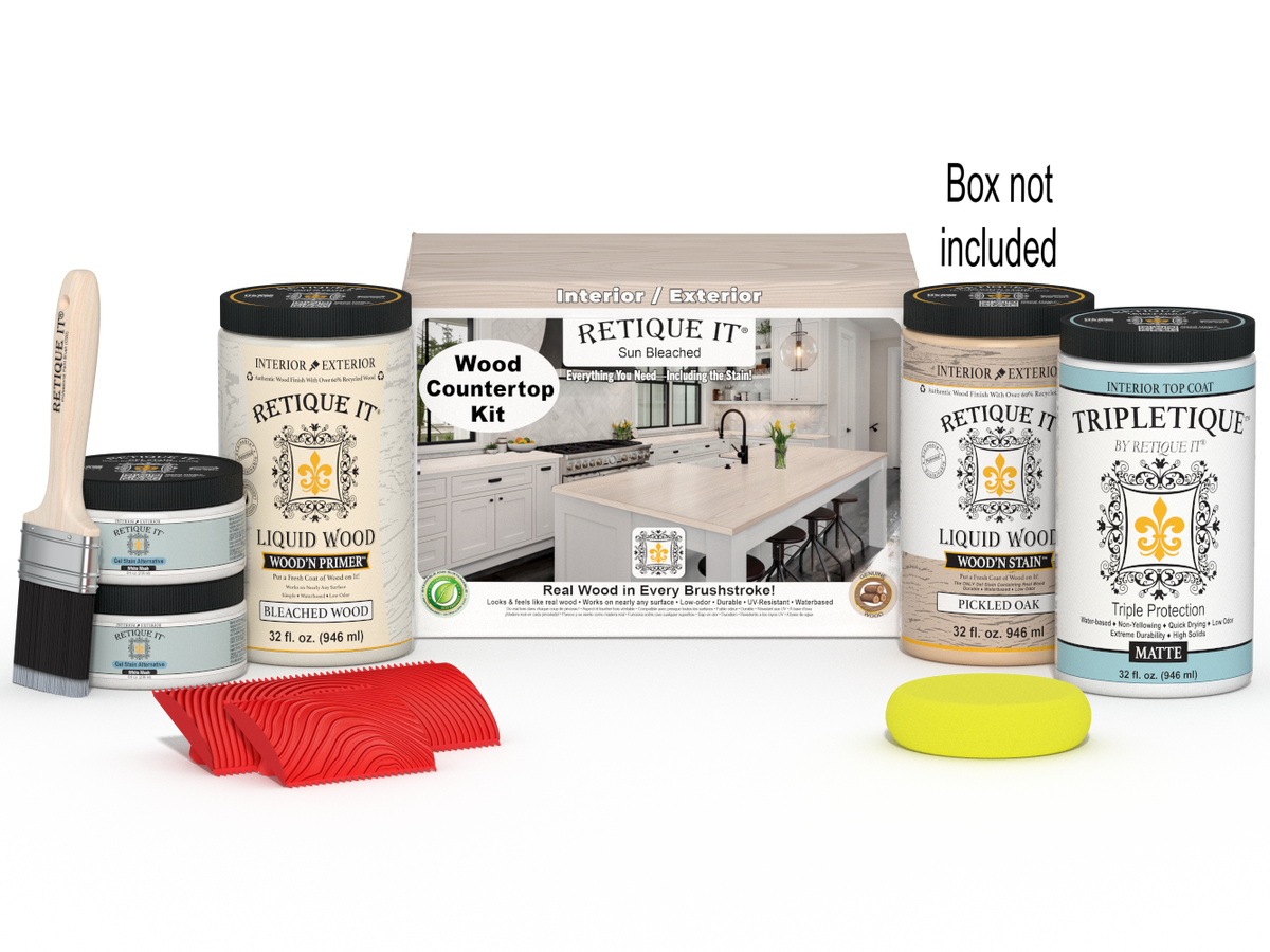 Sun bleached wood countertop kit by Retique It® for full kitchen renovation, includes all materials in a box.