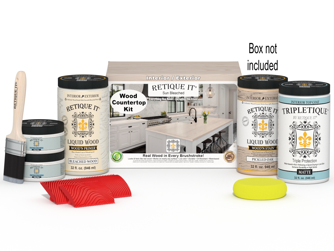 Sun bleached wood countertop kit by Retique It® for full kitchen renovation, includes all materials in a box.