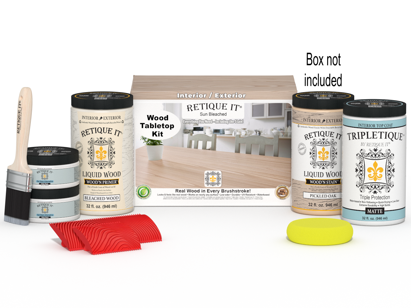 Retique It® Wood'n Finish Kit for tabletops, Sun Bleached color, includes four large finish bottles and application tools.