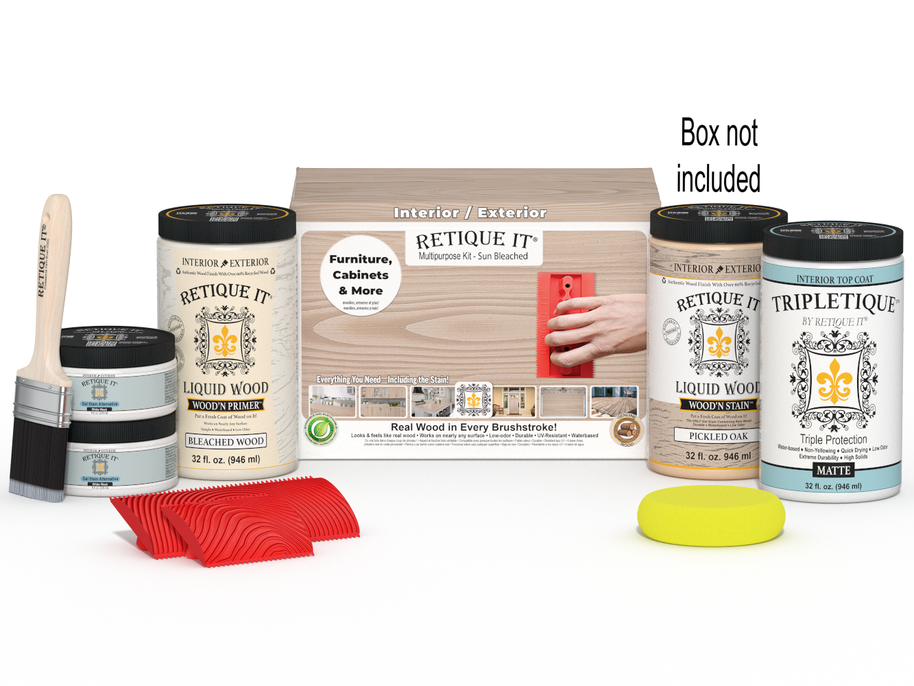 Large Sun Bleached Wood'n Finish Kit by Retique It® with interior top coat, includes brushes and applicators for wood finishing projects.