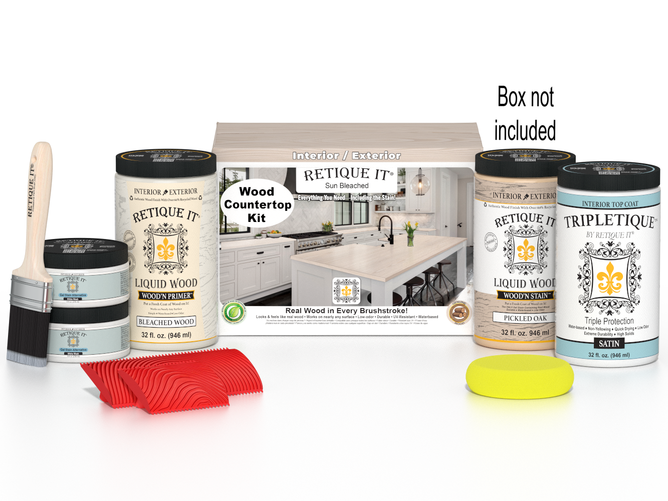 Sun-bleached wood countertop kit by Retique It® from the Wood'n Finish Kits series, includes tools and materials in a boxed set.
