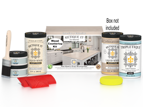 Sun-bleached wood countertop kit by Retique It® from the Wood'n Finish Kits series, includes tools and materials in a boxed set.