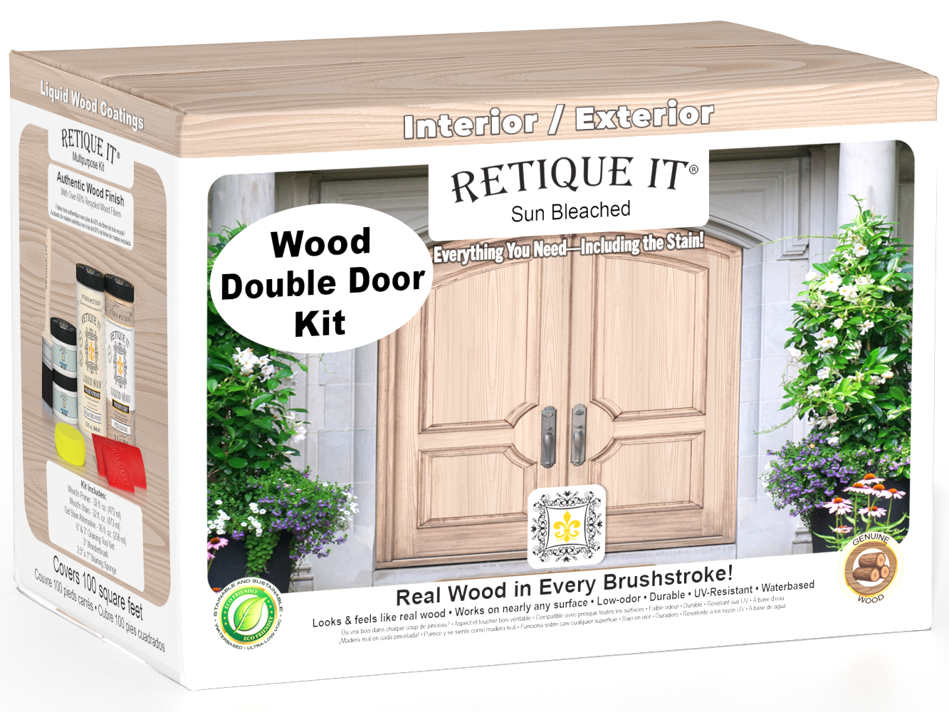 Retique It Wood'n Finish front door kit for double doors in sun-bleached wood tone, featuring natural wood grain and finish details.