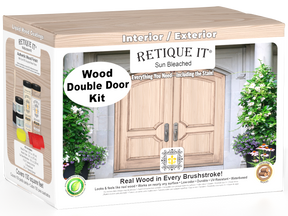 Retique It Wood'n Finish front door kit for double doors in sun-bleached wood tone, featuring natural wood grain and finish details.