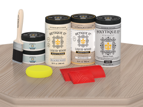Double front door kit by Retique It in sun-bleached wood finish, featuring satin surface and detailed packaging on a table.