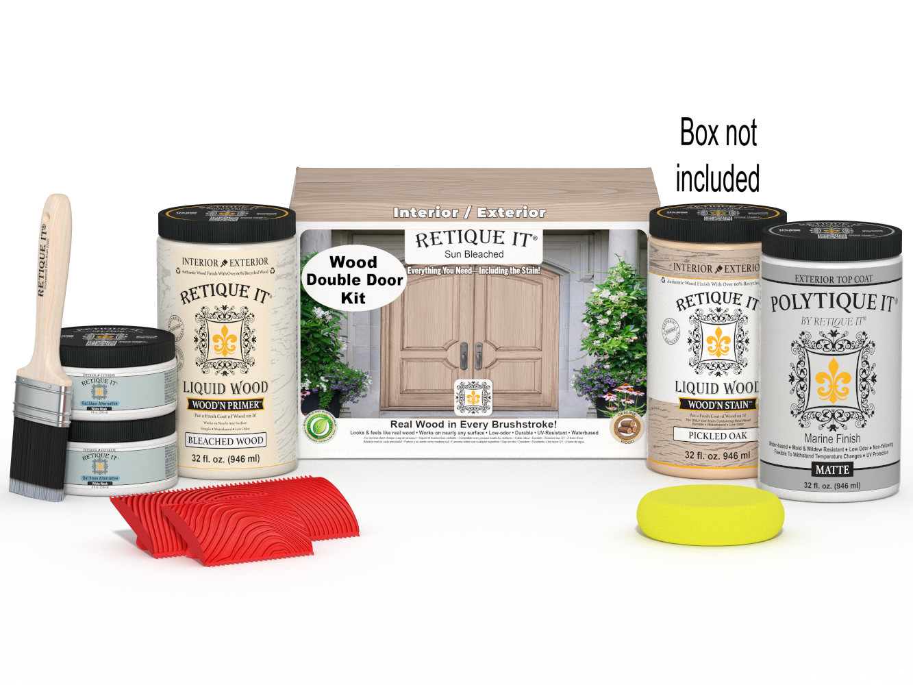 Retique It Wood'n Finish Front Door Kit for double doors in sun bleached wood finish, includes hardware and packaging.