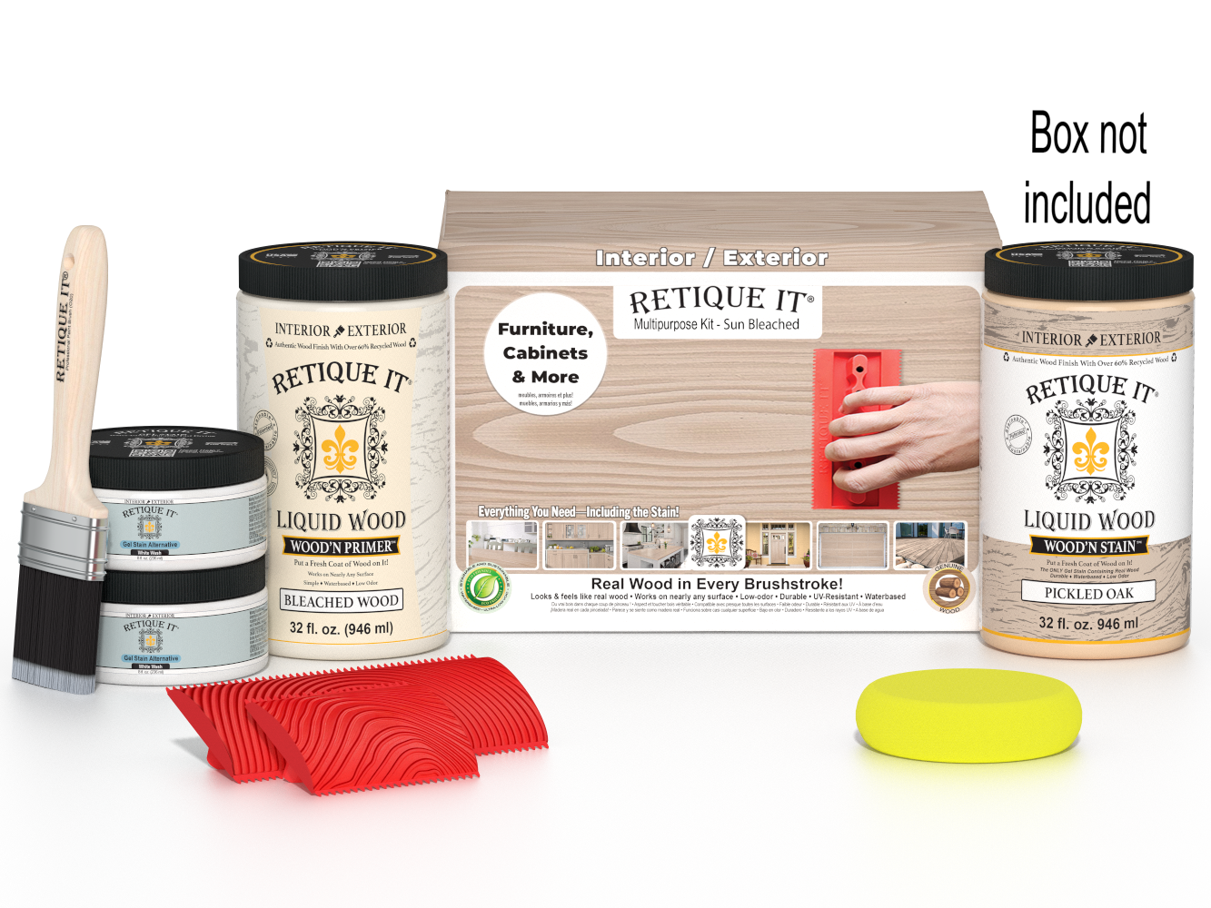 Large Sun Bleached Wood'n Kit by Retique It® for finishing and restoring wood surfaces, includes brushes and accessories.