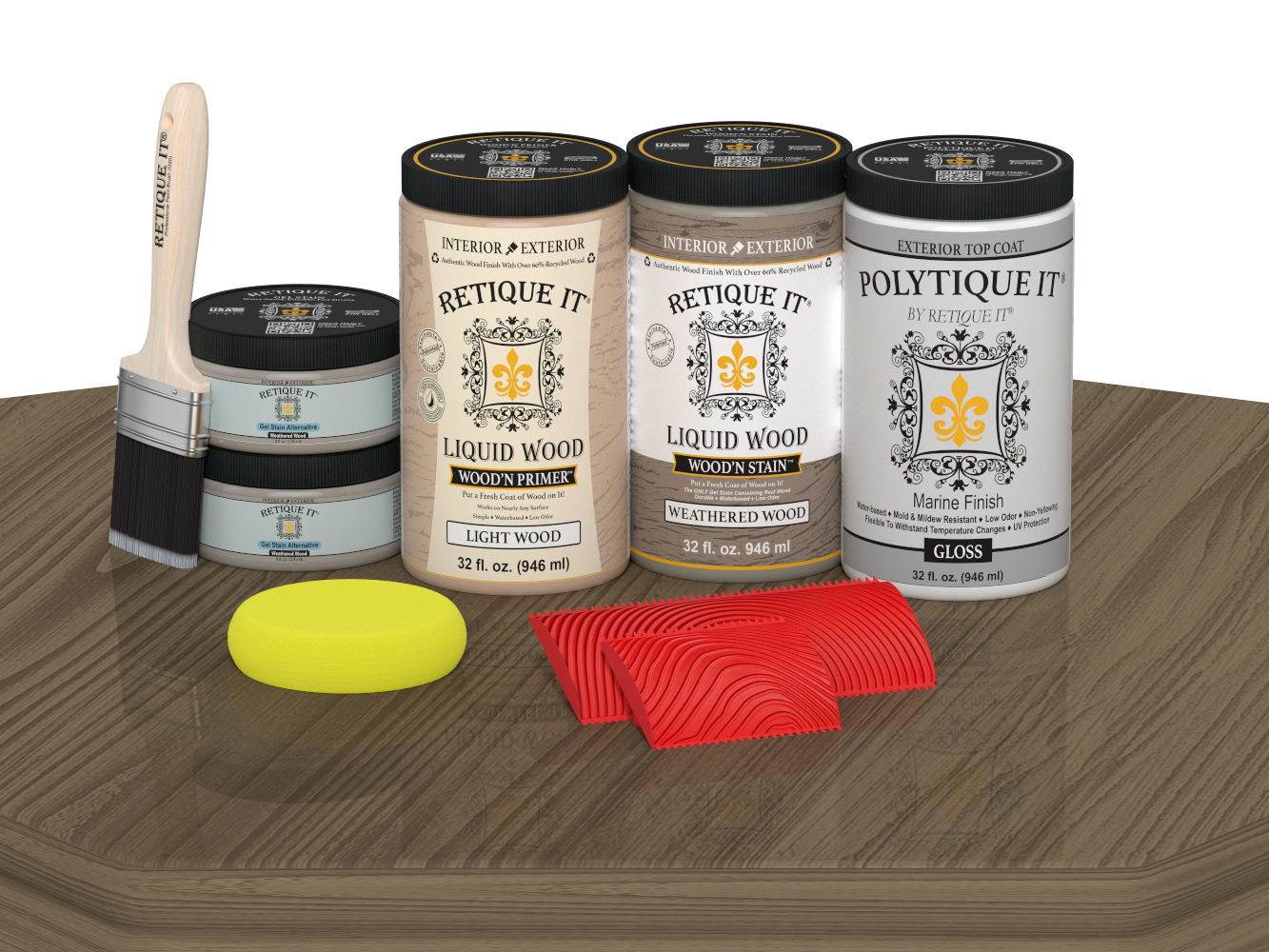 Retique It® Wood'n Finish front door kit in weathered wood stain with glossy finish, shown on a table.