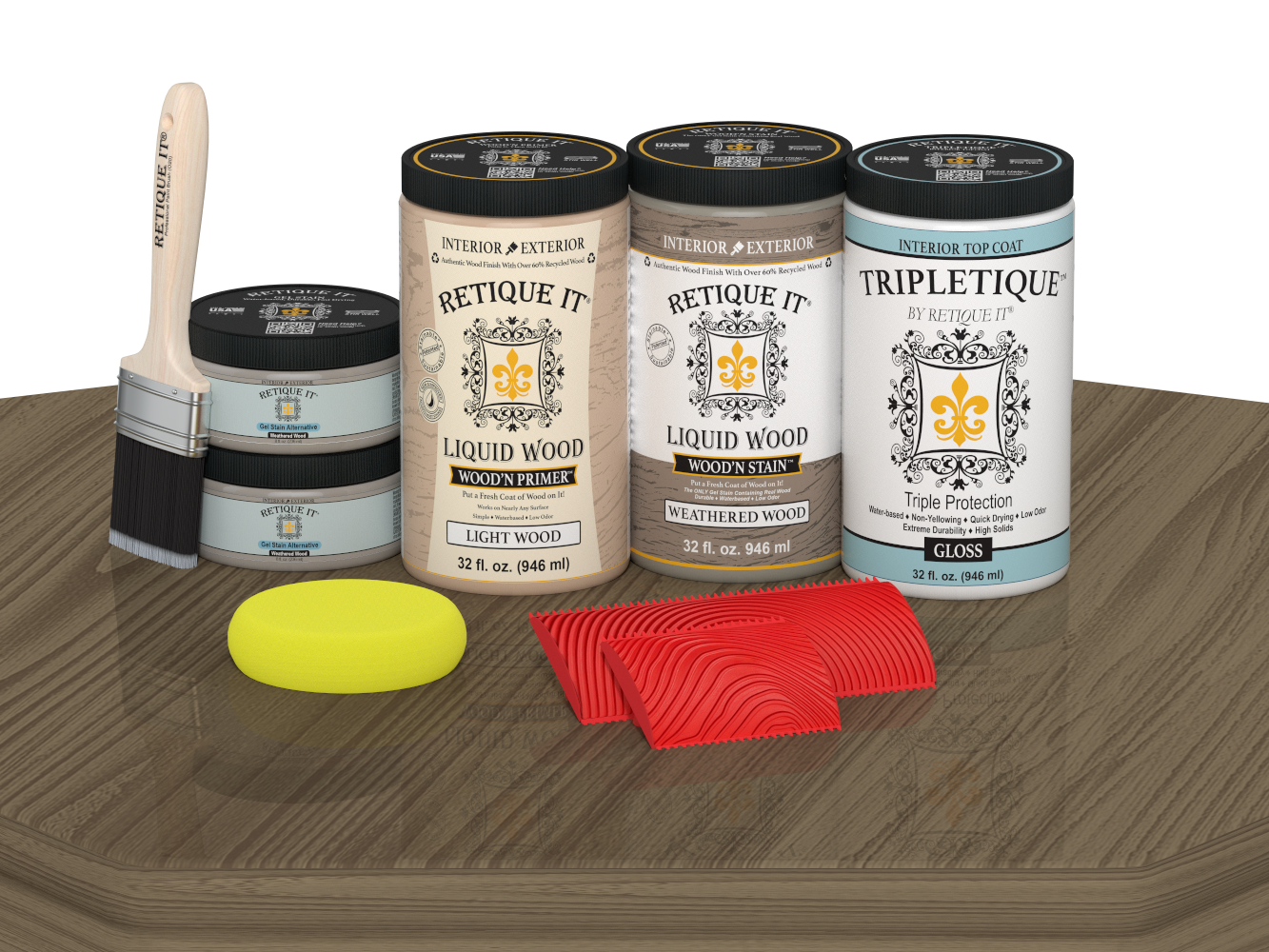 Retique It® Wood'n Finish Kit with four large weathered wood stains, gloss finish on a tabletop wood surface.