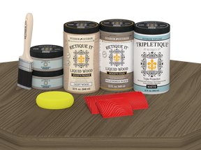 Retique It® Wood'n Finish Kit with four large weathered wood stains in matte finish, designed for tabletop wood projects.