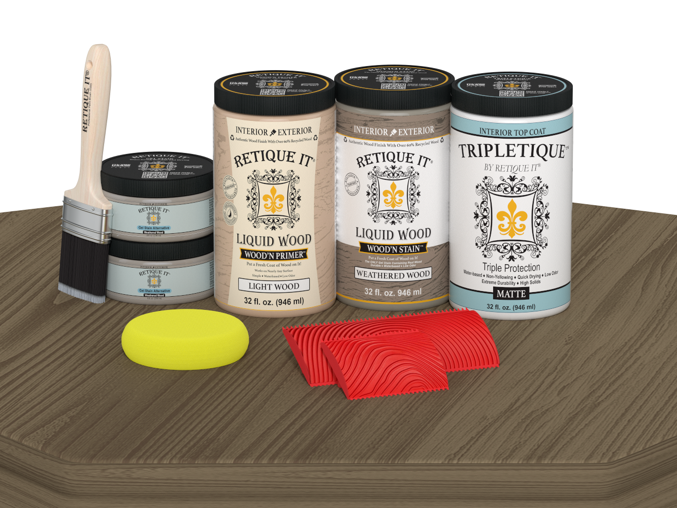 Retique It® Wood'n Cabinet Kit with weathered wood stain, featuring 12 grained cabinet doors on a tabletop surface.