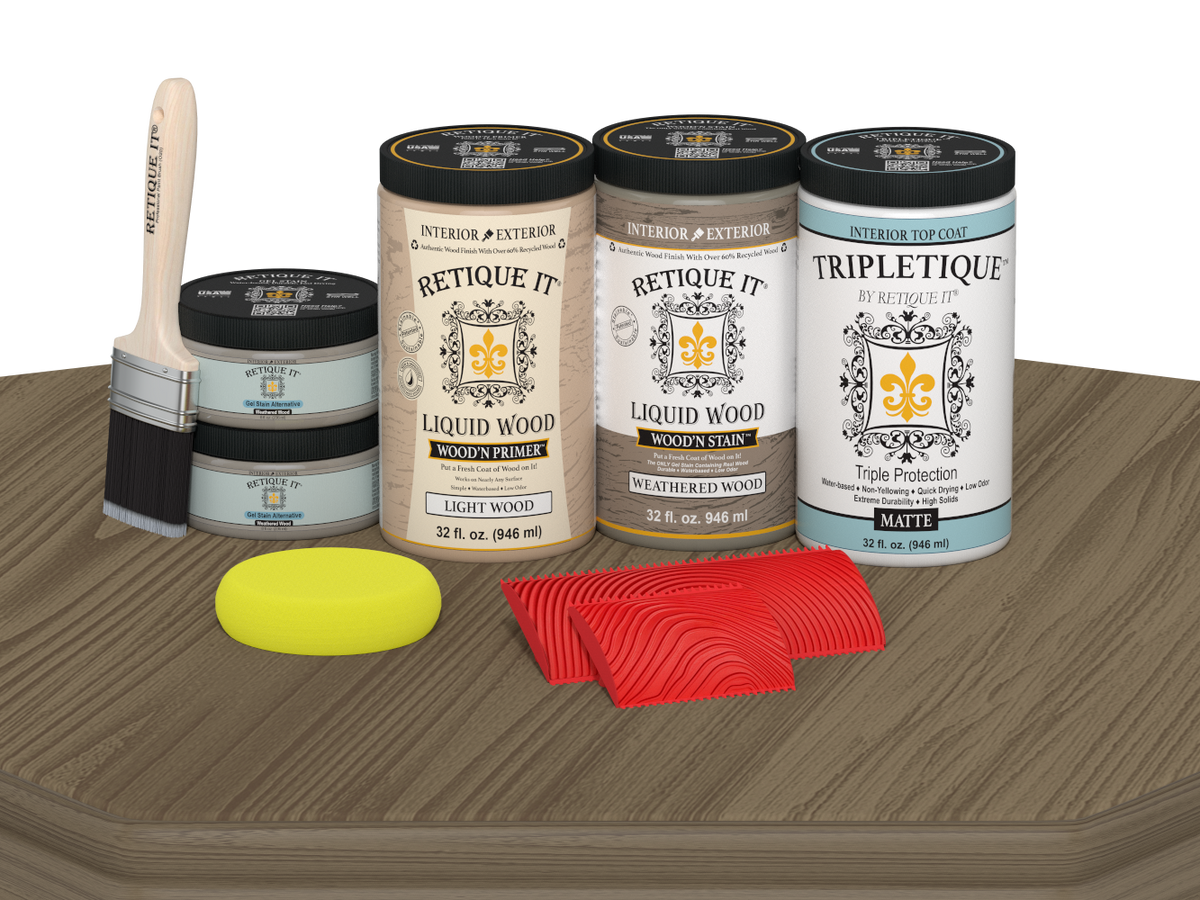 Retique It® Weathered Wood countertop kit with stain, showing a matte finish on a kitchen table surface.