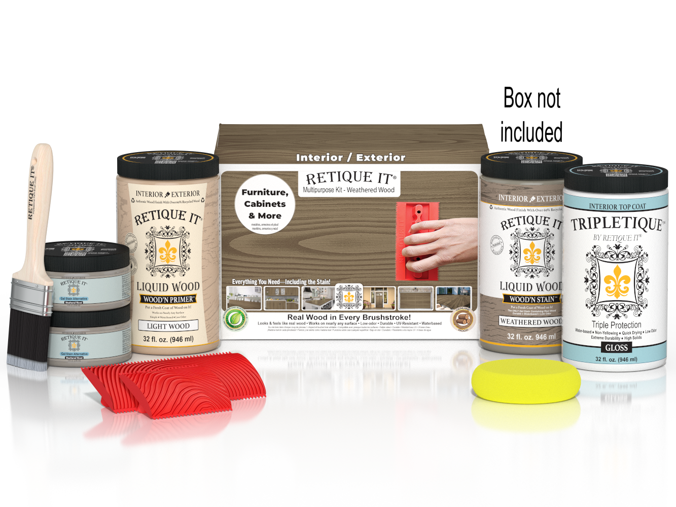 Large Weathered Wood Multi-purpose Wood'n Kit by Retique It® with interior top coat and finishing supplies, showing the kit contents in the box.