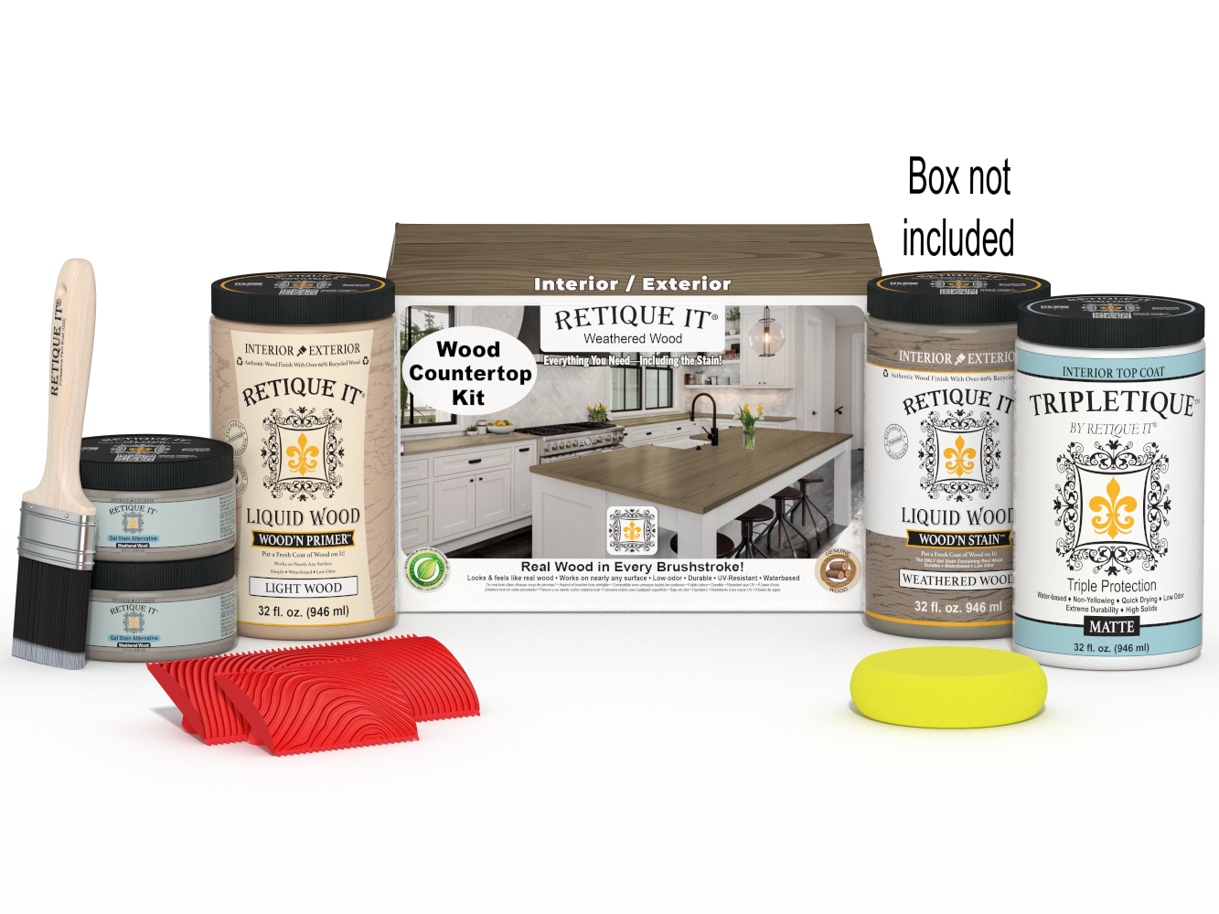 Retique It® weathered wood countertop kit with stain, featuring a full kitchen setup and a box of materials for countertop renovation.