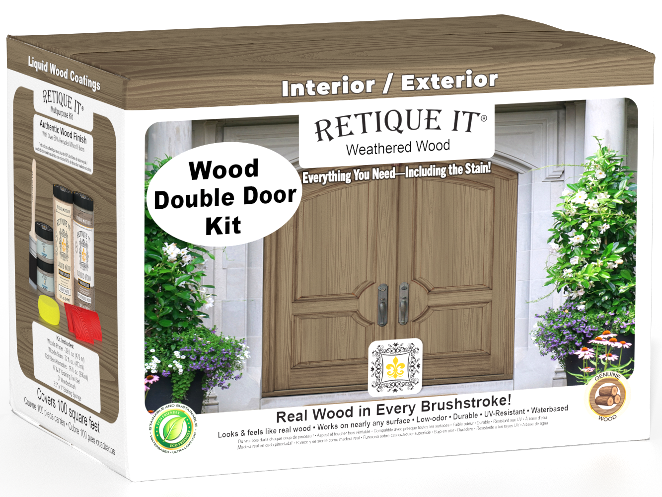Retique It Wood'n Finish front door kit in weathered wood stain, double door with natural wood texture and weathered finish.