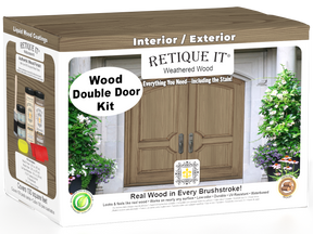 Retique It Wood'n Finish front door kit in weathered wood stain, double door with natural wood texture and weathered finish.