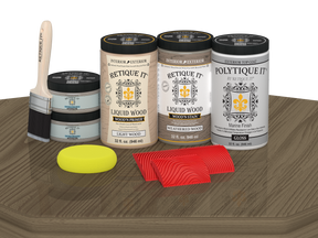 Retique It Wood'n Finish Front Door Kit for double doors in weathered wood stain, featuring glossy stain application on a table.