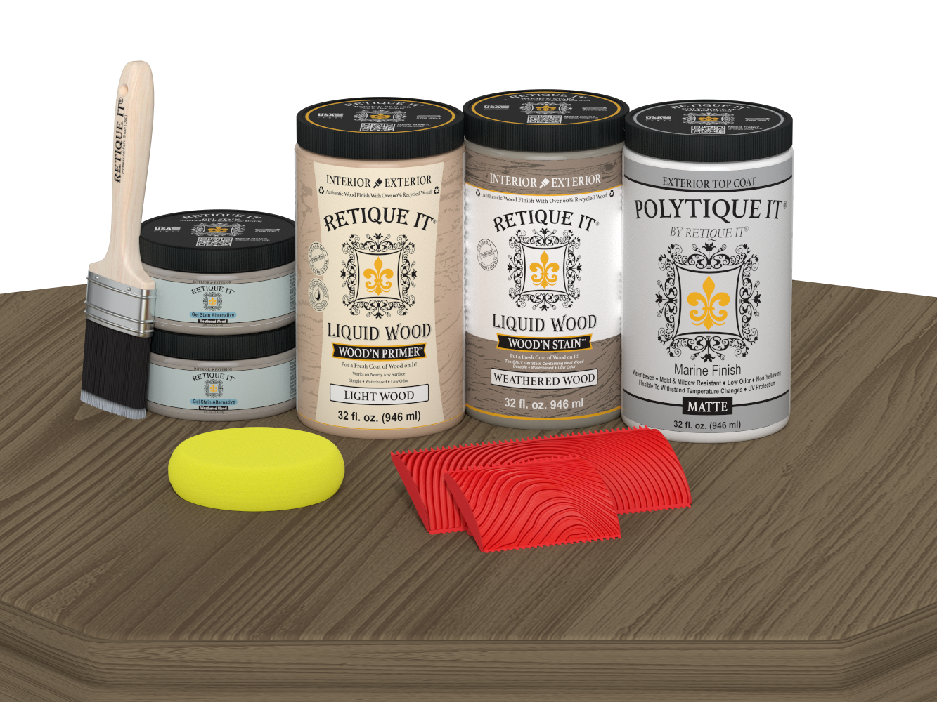 Retique It Wood'n Finish front door kit in weathered wood stain, matte finish, featuring double door design on a table.