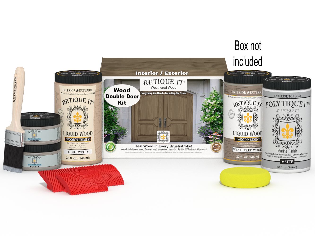 Retique It Wood'n Finish front door kit in weathered wood stain, double door with natural wooden texture and hardware details.