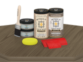 Retique It® Wood'n Finish front door kit in weathered wood stain, double door with detailed wood grain and hardware on a table.