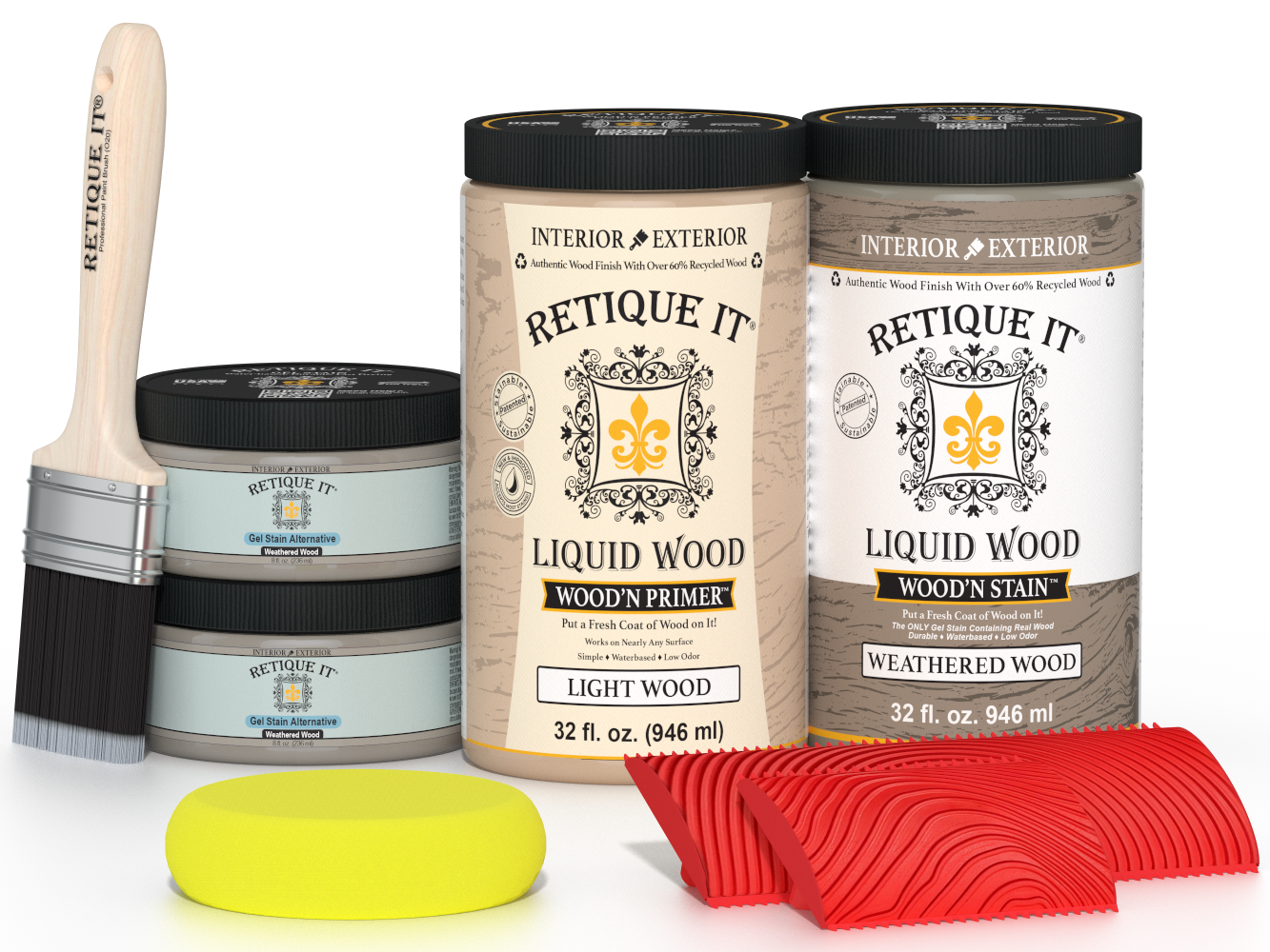 Large Weathered Wood Multi-purpose Wood'n Kit by Retique It® showing weathered wood finish sample and application tools.