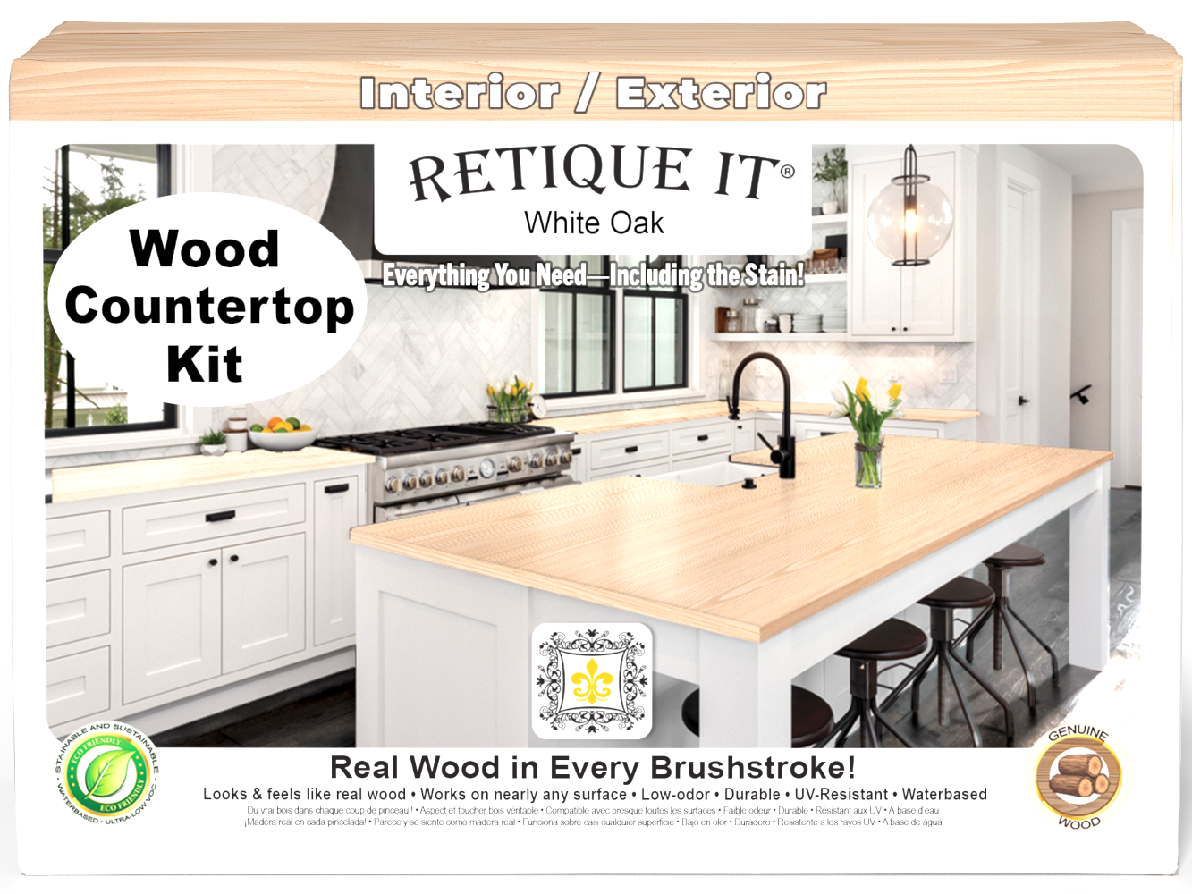 Retique It® white oak countertop kit stained for full kitchen installation, featuring natural wood grain and smooth finish.